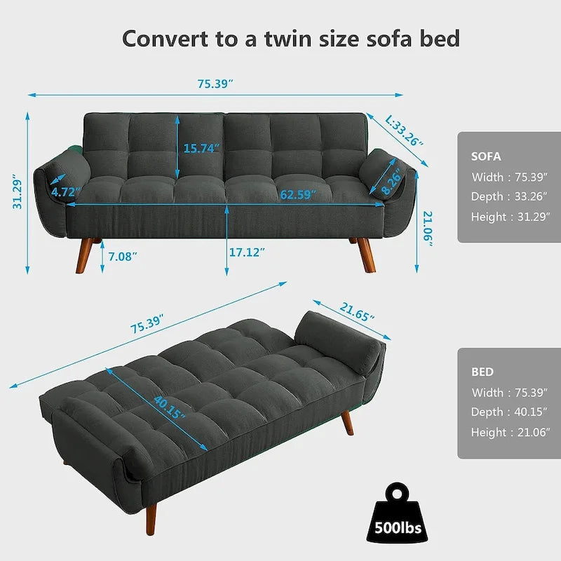 Canapé-lit futon en velours, dossier réglable, convertible en lit, avec pieds fuselés en bois, idéal pour le salon ou la chambre.
