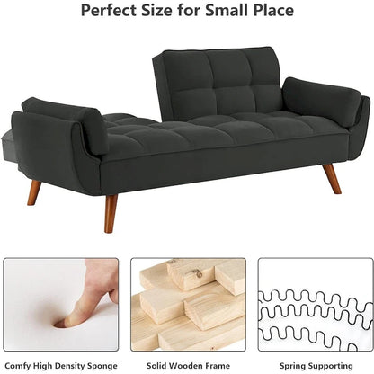 Canapé-lit futon en velours, dossier réglable, convertible en lit, avec pieds fuselés en bois, idéal pour le salon ou la chambre.