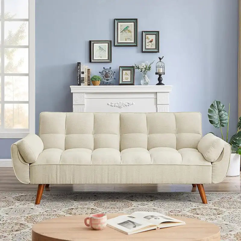 Canapé-lit futon en velours, dossier réglable, convertible en lit, avec pieds fuselés en bois, idéal pour le salon ou la chambre.