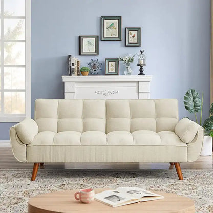 Canapé-lit futon en velours, dossier réglable, convertible en lit, avec pieds fuselés en bois, idéal pour le salon ou la chambre.