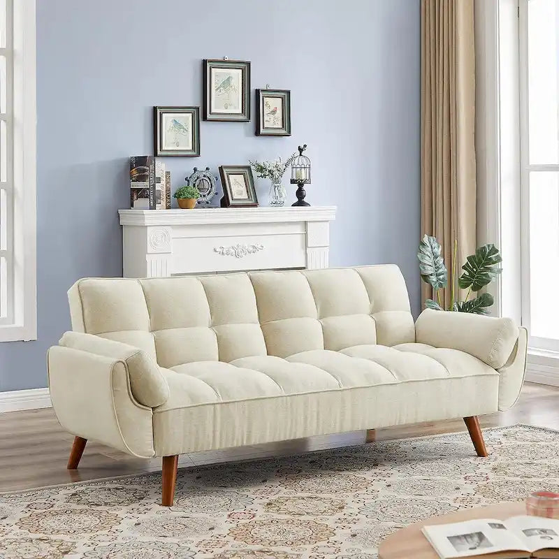Canapé-lit futon en velours, dossier réglable, convertible en lit, avec pieds fuselés en bois, idéal pour le salon ou la chambre.