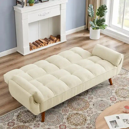 Canapé-lit futon en velours, dossier réglable, convertible en lit, avec pieds fuselés en bois, idéal pour le salon ou la chambre.