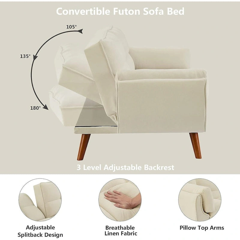 Canapé-lit futon en velours, dossier réglable, convertible en lit, avec pieds fuselés en bois, idéal pour le salon ou la chambre.