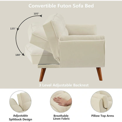 Canapé-lit futon en velours, dossier réglable, convertible en lit, avec pieds fuselés en bois, idéal pour le salon ou la chambre.