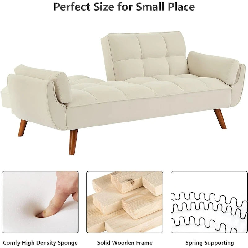 Canapé-lit futon en velours, dossier réglable, convertible en lit, avec pieds fuselés en bois, idéal pour le salon ou la chambre.
