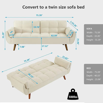 Canapé-lit futon en velours, dossier réglable, convertible en lit, avec pieds fuselés en bois, idéal pour le salon ou la chambre.