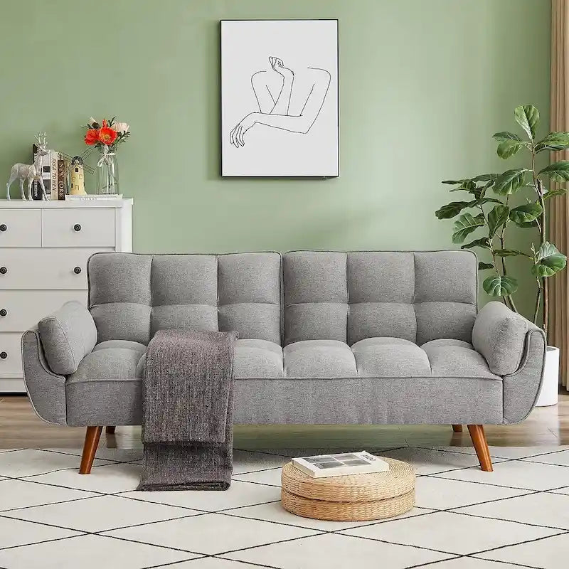 Canapé-lit futon en velours, dossier réglable, convertible en lit, avec pieds fuselés en bois, idéal pour le salon ou la chambre.