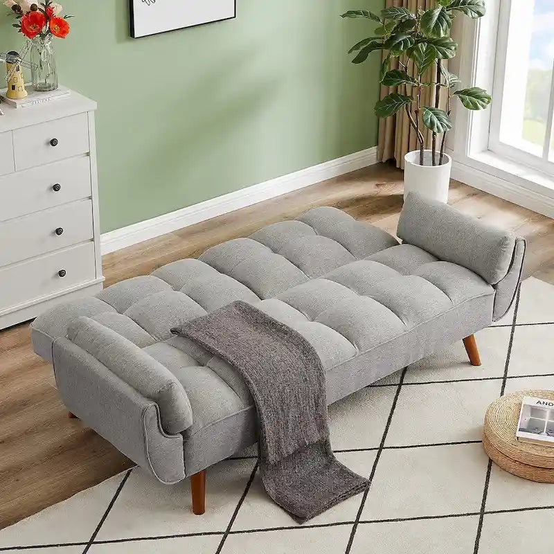 Canapé-lit futon en velours, dossier réglable, convertible en lit, avec pieds fuselés en bois, idéal pour le salon ou la chambre.