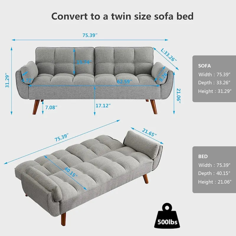 Canapé-lit futon en velours, dossier réglable, convertible en lit, avec pieds fuselés en bois, idéal pour le salon ou la chambre.