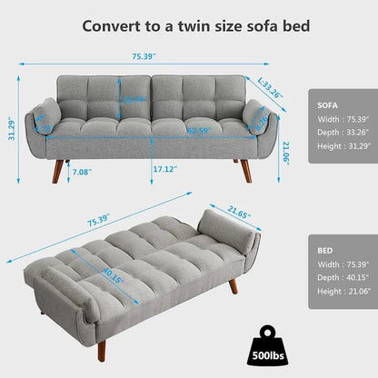 Canapé-lit futon en velours, dossier réglable, convertible en lit, avec pieds fuselés en bois, idéal pour le salon ou la chambre.