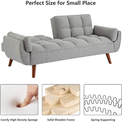 Canapé-lit futon en velours, dossier réglable, convertible en lit, avec pieds fuselés en bois, idéal pour le salon ou la chambre.
