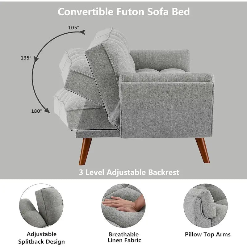 Canapé-lit futon en velours, dossier réglable, convertible en lit, avec pieds fuselés en bois, idéal pour le salon ou la chambre.