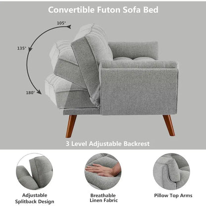 Canapé-lit futon en velours, dossier réglable, convertible en lit, avec pieds fuselés en bois, idéal pour le salon ou la chambre.