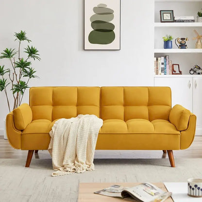 Canapé-lit futon en velours, dossier réglable, convertible en lit, avec pieds fuselés en bois, idéal pour le salon ou la chambre.