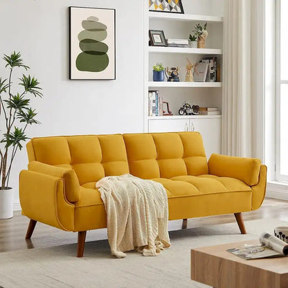Canapé-lit futon en velours, dossier réglable, convertible en lit, avec pieds fuselés en bois, idéal pour le salon ou la chambre.