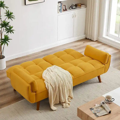 Canapé-lit futon en velours, dossier réglable, convertible en lit, avec pieds fuselés en bois, idéal pour le salon ou la chambre.