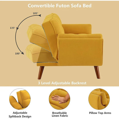 Canapé-lit futon en velours, dossier réglable, convertible en lit, avec pieds fuselés en bois, idéal pour le salon ou la chambre.