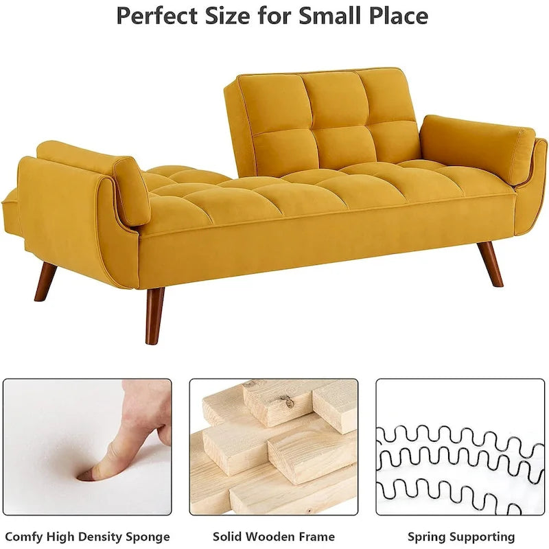 Canapé-lit futon en velours, dossier réglable, convertible en lit, avec pieds fuselés en bois, idéal pour le salon ou la chambre.