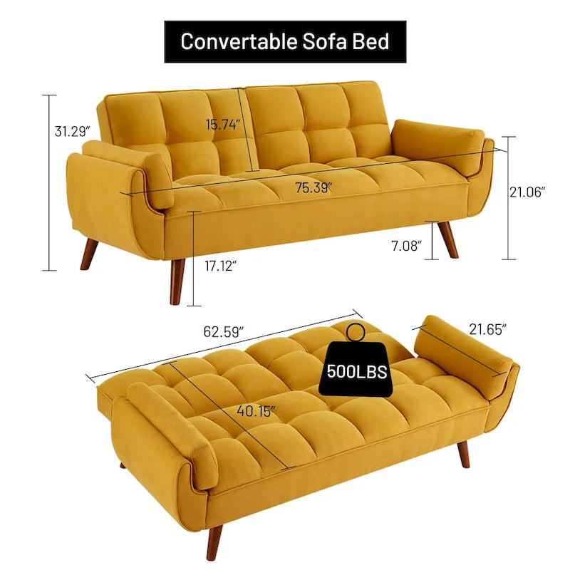 Canapé-lit futon en velours, dossier réglable, convertible en lit, avec pieds fuselés en bois, idéal pour le salon ou la chambre.