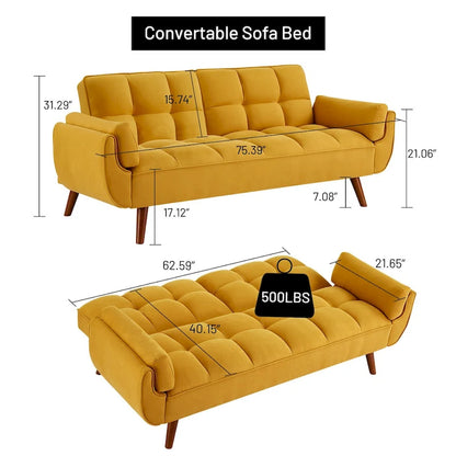Canapé-lit futon en velours, dossier réglable, convertible en lit, avec pieds fuselés en bois, idéal pour le salon ou la chambre.