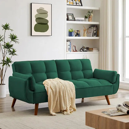 Canapé-lit futon en velours, dossier réglable, convertible en lit, avec pieds fuselés en bois, idéal pour le salon ou la chambre.