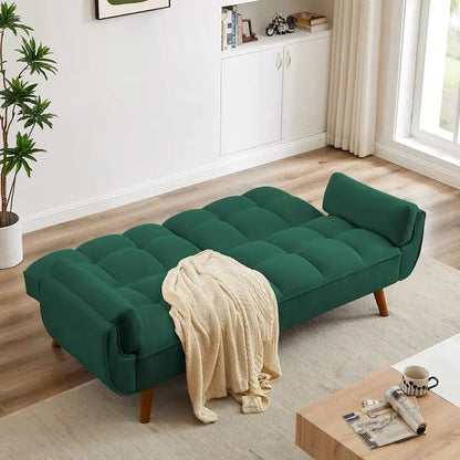 Canapé-lit futon en velours, dossier réglable, convertible en lit, avec pieds fuselés en bois, idéal pour le salon ou la chambre.
