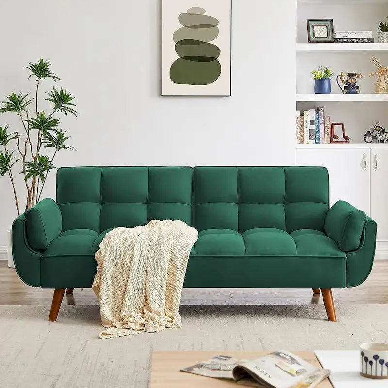 Canapé-lit futon en velours, dossier réglable, convertible en lit, avec pieds fuselés en bois, idéal pour le salon ou la chambre.