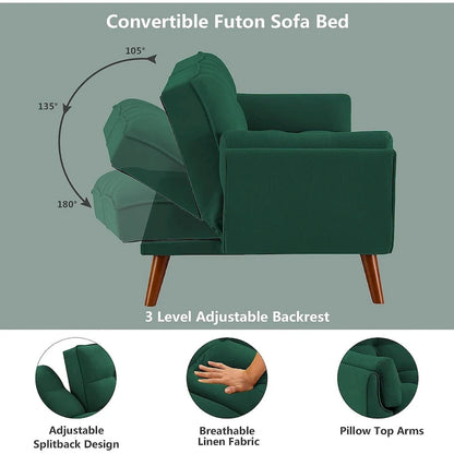 Canapé-lit futon en velours, dossier réglable, convertible en lit, avec pieds fuselés en bois, idéal pour le salon ou la chambre.