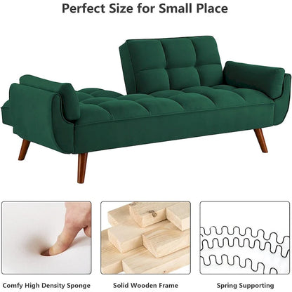 Canapé-lit futon en velours, dossier réglable, convertible en lit, avec pieds fuselés en bois, idéal pour le salon ou la chambre.