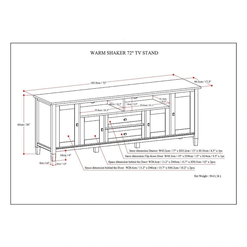 Meuble TV WYNDENHALL Norfolk en bois massif, 183 cm de large, pour téléviseurs jusqu'à 203 cm (80 pouces) - Dimensions : 183 cm (L) x 44,5 cm (P) x 66 cm (H)