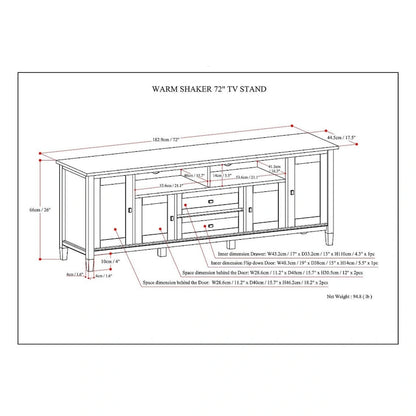 Meuble TV WYNDENHALL Norfolk en bois massif, 183 cm de large, pour téléviseurs jusqu'à 203 cm (80 pouces) - Dimensions : 183 cm (L) x 44,5 cm (P) x 66 cm (H)