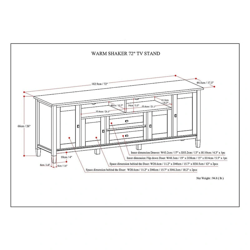 Meuble TV WYNDENHALL Norfolk en bois massif, 183 cm de large, pour téléviseurs jusqu'à 203 cm (80 pouces) - Dimensions : 183 cm (L) x 44,5 cm (P) x 66 cm (H)