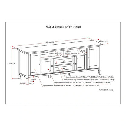 Meuble TV WYNDENHALL Norfolk en bois massif, 183 cm de large, pour téléviseurs jusqu'à 203 cm (80 pouces) - Dimensions : 183 cm (L) x 44,5 cm (P) x 66 cm (H)