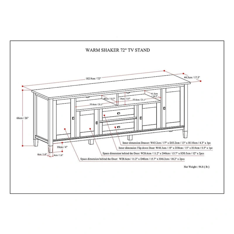 Meuble TV WYNDENHALL Norfolk en bois massif, 183 cm de large, pour téléviseurs jusqu'à 203 cm (80 pouces) - Dimensions : 183 cm (L) x 44,5 cm (P) x 66 cm (H)