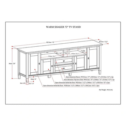 Meuble TV WYNDENHALL Norfolk en bois massif, 183 cm de large, pour téléviseurs jusqu'à 203 cm (80 pouces) - Dimensions : 183 cm (L) x 44,5 cm (P) x 66 cm (H)