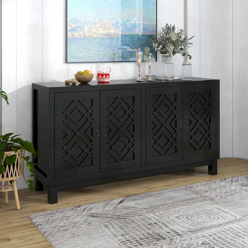 Buffet à 4 portes avec grand espace de rangement, idéal pour le salon ou la salle à manger.