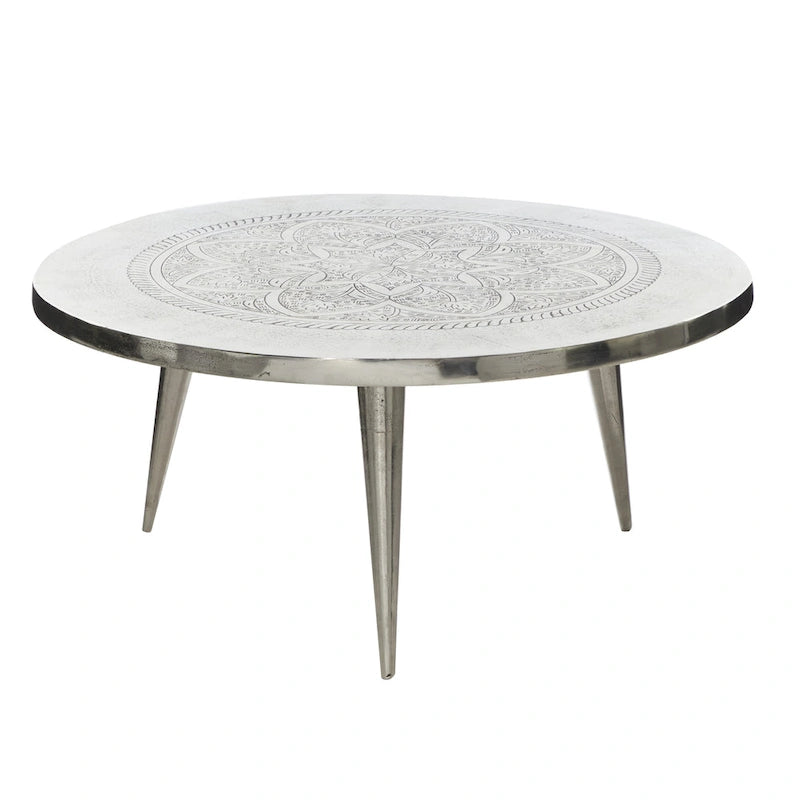 Aluminum Metal Floral Engraved Coffee Table with Tripod Legs - Silver - Roche River Decor - 35 Wx35 Lx16 H