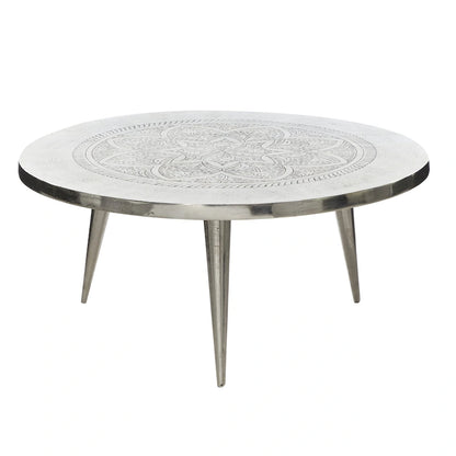 Aluminum Metal Floral Engraved Coffee Table with Tripod Legs - Silver - Roche River Decor - 35 Wx35 Lx16 H