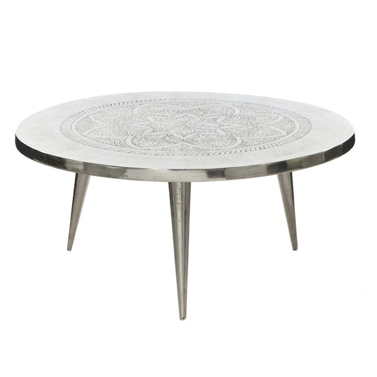 Aluminum Metal Floral Engraved Coffee Table with Tripod Legs - Silver - Roche River Decor - 35 Wx35 Lx16 H