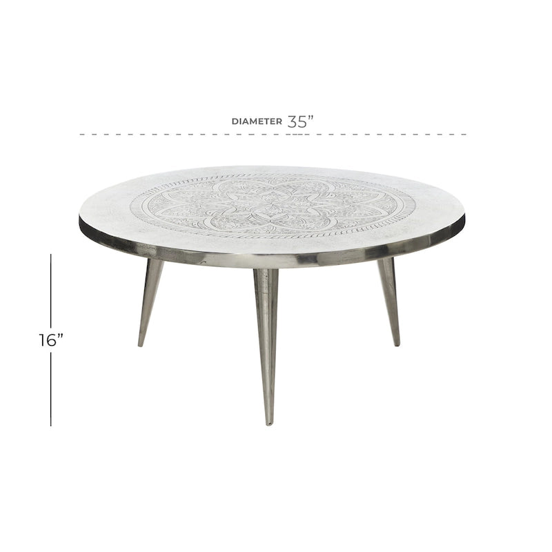 Table basse en aluminium à motif floral gravé, pieds tripodes - Argent - Roche River Decor - 89 cm x 89 cm x 41 cm (L x l x H)