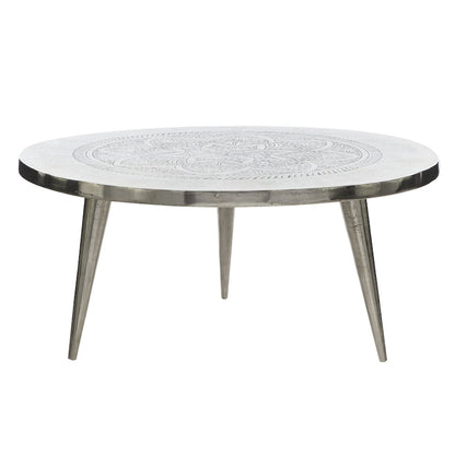 Table basse en aluminium à motif floral gravé, pieds tripodes - Argent - Roche River Decor - 89 cm x 89 cm x 41 cm (L x l x H)