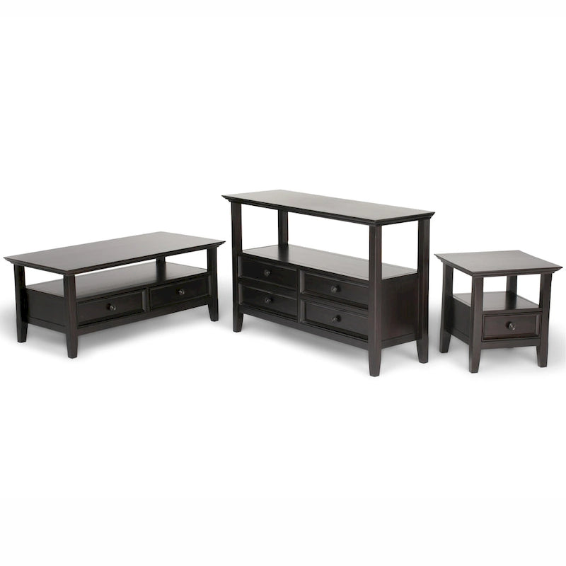 Table basse rectangulaire de style transitionnel WYNDENHALL Halifax en bois massif, 112 cm de large, couleur brun hickory.