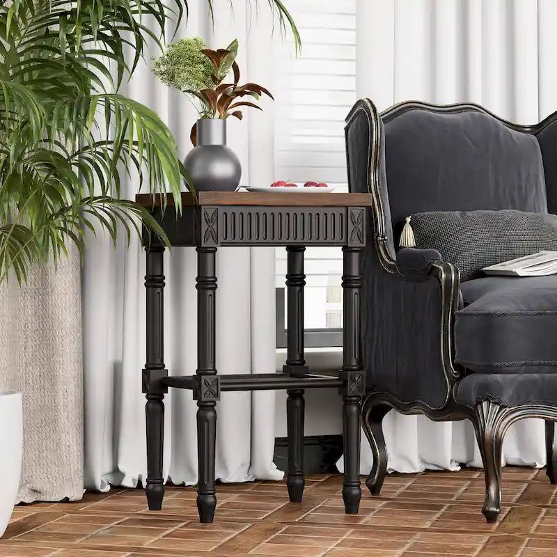Table d'appoint COZAYH style campagne française patinée, plateau couleur expresso et étagère en osier tressé, décor bohème, rustique et champêtre
