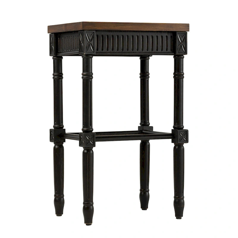 Table d'appoint COZAYH style campagne française patinée, plateau couleur expresso et étagère en osier tressé, décor bohème, rustique et champêtre