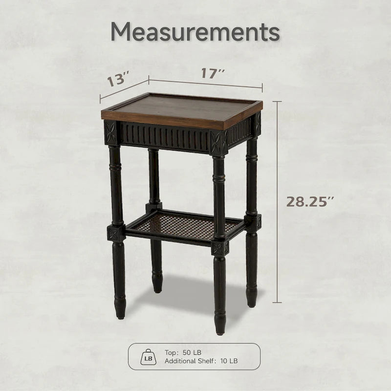Table d'appoint COZAYH style campagne française patinée, plateau couleur expresso et étagère en osier tressé, décor bohème, rustique et champêtre