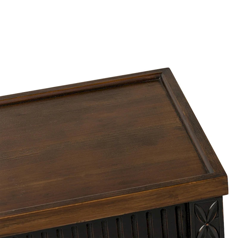 Table d'appoint COZAYH style campagne française patinée, plateau couleur expresso et étagère en osier tressé, décor bohème, rustique et champêtre