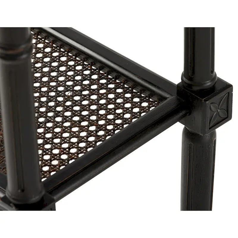 Table d'appoint COZAYH style campagne française patinée, plateau couleur expresso et étagère en osier tressé, décor bohème, rustique et champêtre