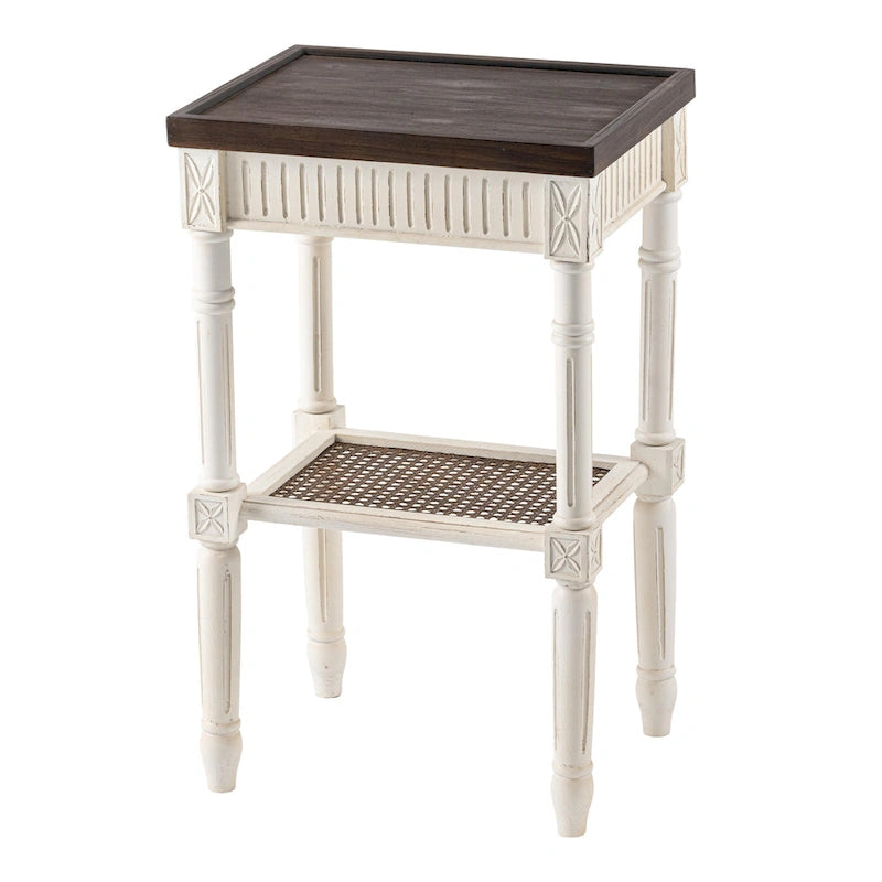 Table d'appoint COZAYH style campagne française patinée, plateau couleur expresso et étagère en osier tressé, décor bohème, rustique et champêtre
