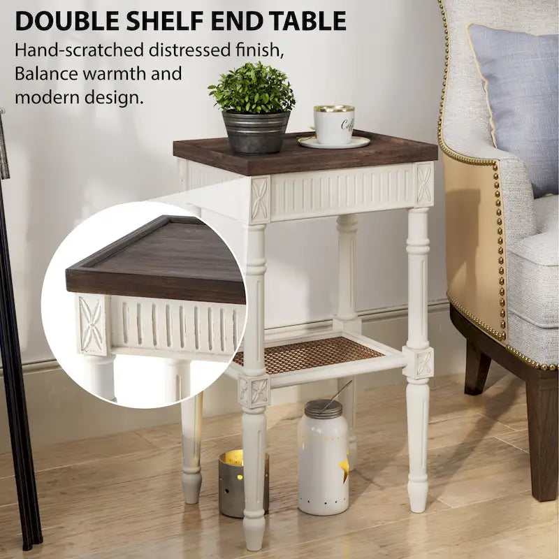 Table d'appoint COZAYH style campagne française patinée, plateau couleur expresso et étagère en osier tressé, décor bohème, rustique et champêtre