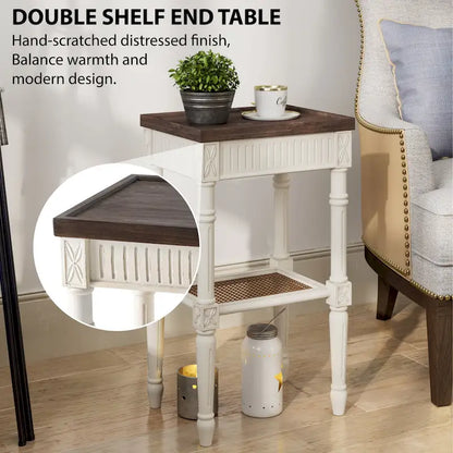 Table d'appoint COZAYH style campagne française patinée, plateau couleur expresso et étagère en osier tressé, décor bohème, rustique et champêtre